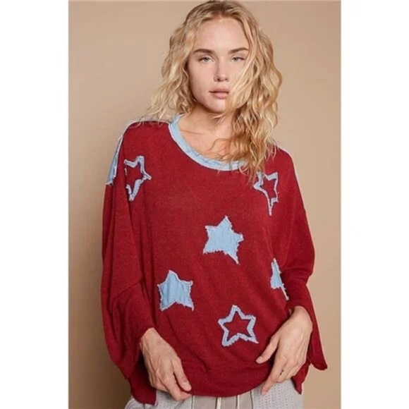 POL Tops - New POL Exposed Seam Star Denim Patch Round Neckline Relaxed Fit Sweater Red